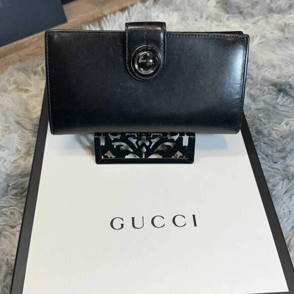 GUCCI x GG BUBBLE LOGO BLACK LONG LEATHER WALLET | EUC | SOFT VTG LEATHER! CLEAN